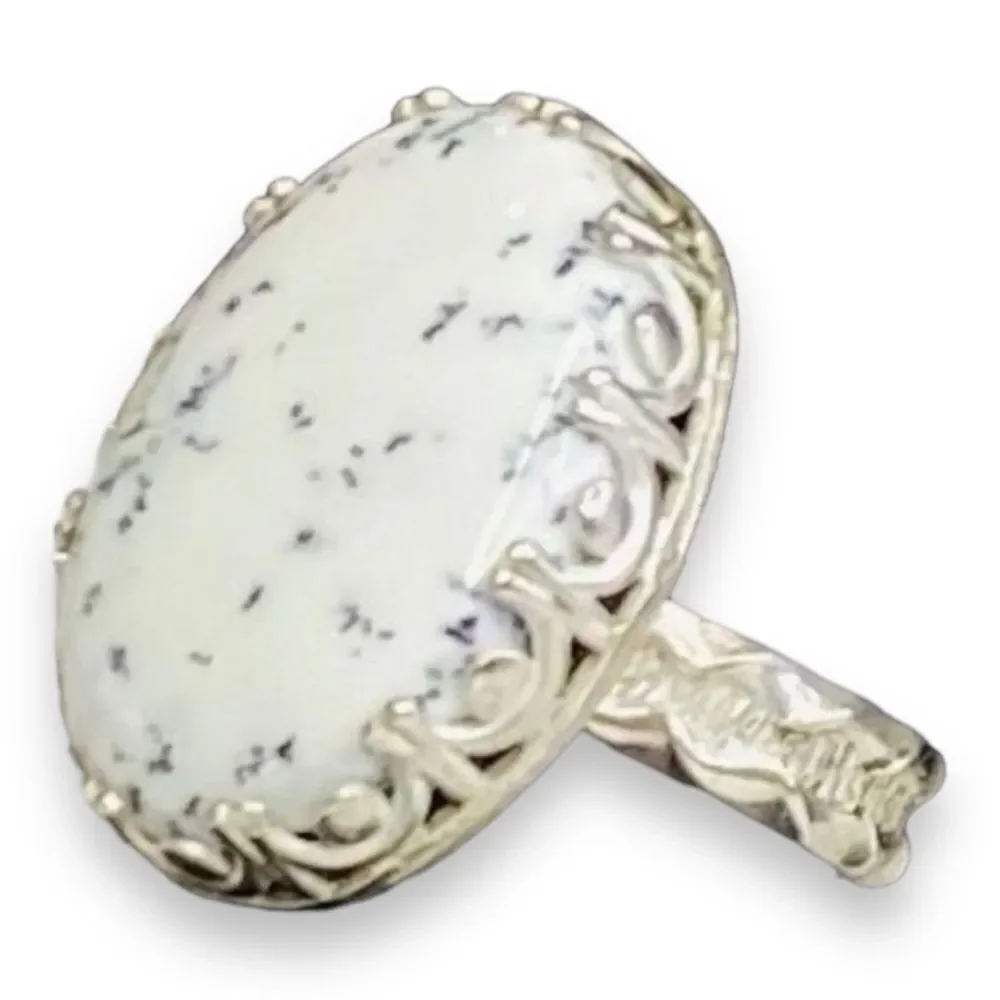 Natural Dendrite Opal White Speckled Sterling Silver Statement Ring Handmade NEW